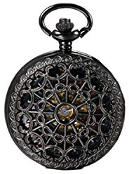 JewelryWe Retro Taschenuhr Herren Handaufzug: Vintage Hohle Spinnennetz Römische Ziffern Handaufzug Mechanische Kettenuhr Männer Skelett Uhr Schwarz mit Halskette Kette und Geschenkbox