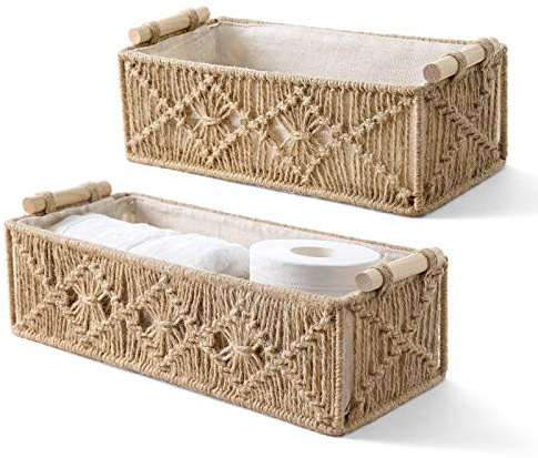 Mkono Macrame Storage Baskets Boho Decor Box Handmade Woven Decorative Countertop Toilet Tank Shelf Cabinet Organizer for Bedroom Nursery Livingroom Home, Set of 2, Brown