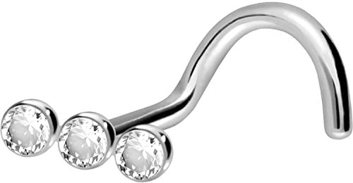 PIERCINGLINE Titan Nasenpiercing Spirale 3 KRISTALLE Nasenstecker Silberfarben