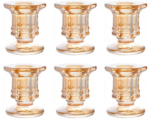 6Pcs Glass Candle Holder, Clear Taper Holders, Small Candlestick Stands in Bulk for Wedding, Dinner Table, Party, Festive Decor and Everyday Decoration (Gold)