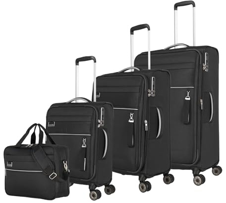Travelite Kofferset 4 teilig Weichschale 4 Rollen, Größen S-M-L + Bordtasche, nachhaltig, MIIGO, Reisegepäck Set aus recyceltem Material, TSA Schloss, Koffer Größen L + M erweiterbar