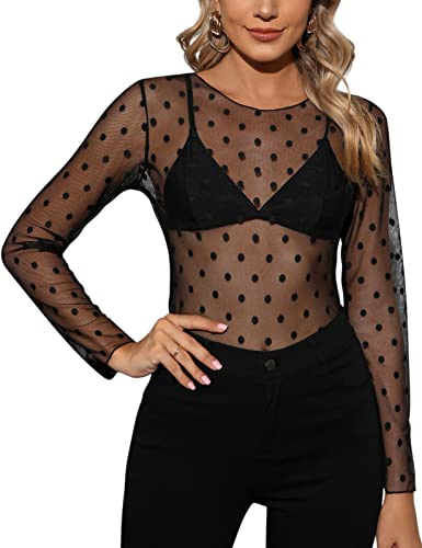 Niwicee Camiseta Transparente Mujer Blusa Sexy Mangas Largas Mesh Tops Damas Cuello Redondo Slim Fit Bodysuit T-Shirt Túnica Negra Transparente Clubwear Camisas tee Pullover