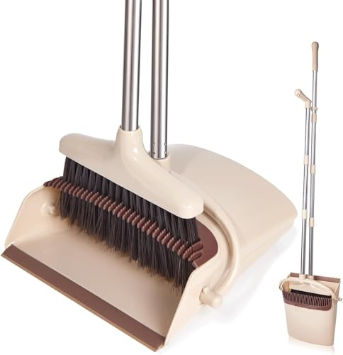 XXXFLOWER Large Broom and Dustpan Set with 54.5 Long Handle for Indoor Outdoor Home Kitchen Office Room Pet Dog Hair Lobby Wood Floor Use Upright Stand Up Broom and Dustpan Combo（Beige）