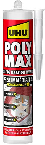 UHU Polymax prise immédiate invisible- Mastic/colle de fixation MSP pour coller, assembler et jointer, toutes surfaces, ultra solide, sans solvants, transparent, cartouche 300 g