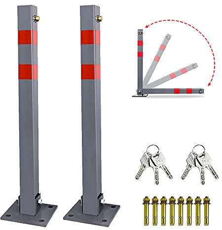 Ansobea 2x Parkpfosten mit 3 Schlüssel klappbar Absperrpfosten, Stahl Parkplatzsperre Parkplatzsperren mit Reflexstreifen, Robust Standfuß Sperrpfosten Set