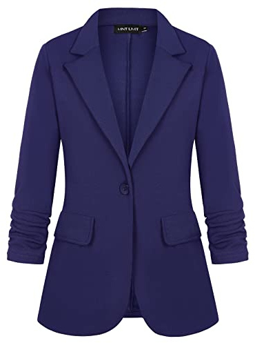 MINTLIMIT Blazers for Women Casual 3/4 Sleeve Button Front Stretchy Work Office Blazer Jacket with Pockets (Navy, Size XL)