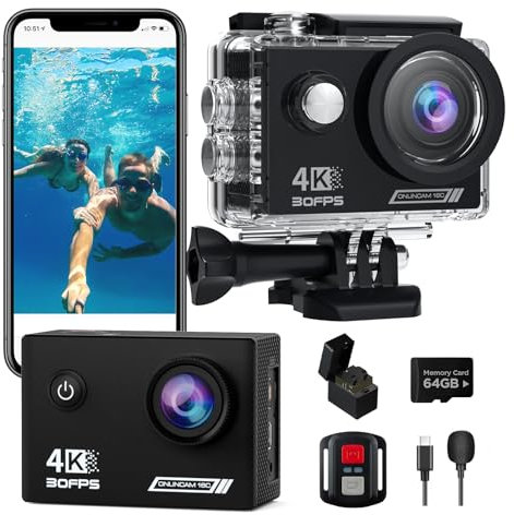 TIMNUT Action Cam 4K 30fps con 64G SD Card, 40M Fotocamera Subacquea HD WiFi 20MP Videocamera,170 ° Telecamera 4k con Stabilizzatore Telecamera Subacquea, 2 Batterie e Accessori di Montaggio