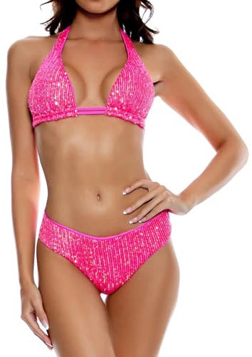 LEOMOSTE Sexy Pailletten-Bikini-Set für Damen, glitzernd, sexy Push-Up-Badeanzug, Strandbekleidung, Pink, Large