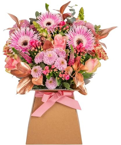 Pink and Perfection Fresh Flower Bouquet in Presentation Vase | Roses, Germinis, Chrysanthemums & Seasonal Greenery | Presented in a Natural Card Vase and Pink Satin Ribbon Bow
