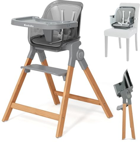 Ezebaby Hochstuhl Baby Klappbar Holz Beine Kinderstuhl 4 in 1 Mitwachsender Babystuhl Kinderhochstuhl ab 6 Monate mit Sitzerhöhung Barhocker Funktion transparent (Transparent Grau)