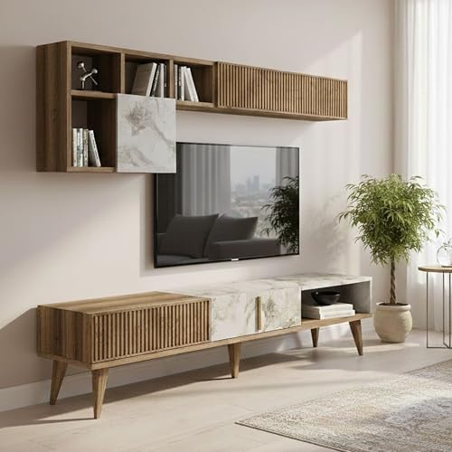 Dmora Parete attrezzata Gemini, Composizione Soggiorno, Mobile Salotto Multiuso, Armadio Porta TV, 180x35h40 cm, Noce e Bianco Marmo