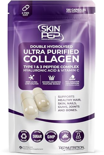 Collagen Peptide 120 Capsules 1000mg, with Hyaluronic Acid (Not Collagen Powder) - 1 Month Supply - Premium Halal Double Hydrolysed Type 1&3 Collagen Supplements for Women & Men - by SkinPep