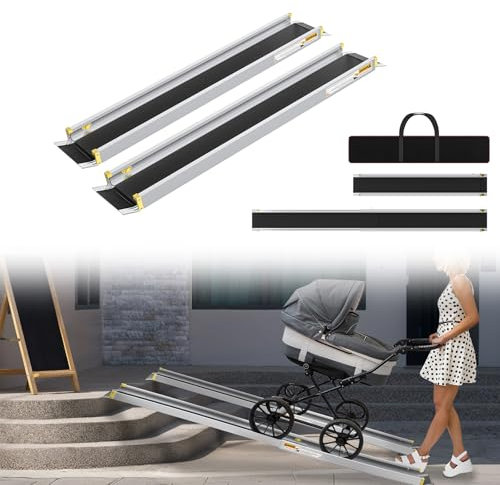 Froadp 2 x Rollstuhlrampe für treppen Teleskoprampen für Rollstuhl Aluminium Auffahrrampe Rampe bis 300 kg Ladekapazität 75.5-122cm Verstellbare Teleskoprampe