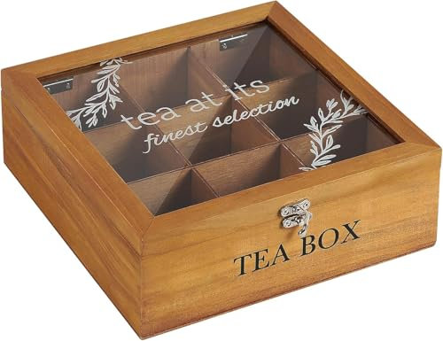 Optyuwah Caja de té, caja de té – Caja de almacenamiento de madera con 9 compartimentos separadores para bolsas de té, azúcar, cápsula de café, lata de almacenamiento con ventana de cristal, tapa para
