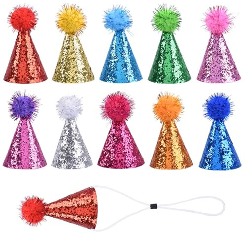 Cappellini Festa Animali,10 PCS Mini Cappelli Compleanno per Cani Gatti con Pompon Regolabili per Cuccioli e Peluche Decorazione per Matrimoni Carnavali e Feste (Set Multicolore)