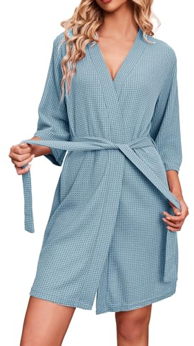 Ekouaer Albornoces para mujer Bata para mujer bata de baño de punto gofre bata hasta la rodilla azul claro S