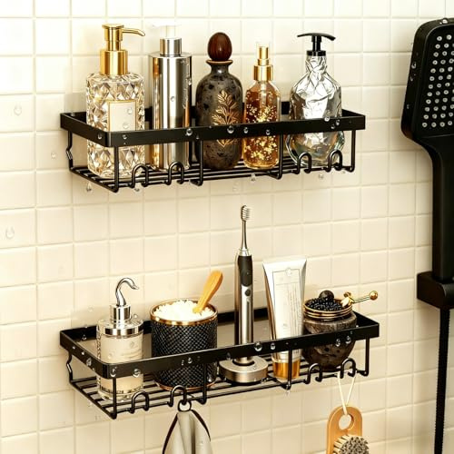 LINKINNO [2 Piezas] Estanteria Baño Sin Taladro, Resistente al Agua y al Metal Oxido Estantería Ducha Organizador Cesta Ducha con 2 Ganchos para Bañera Cocina Baño Jabonera Accesorios, Negro