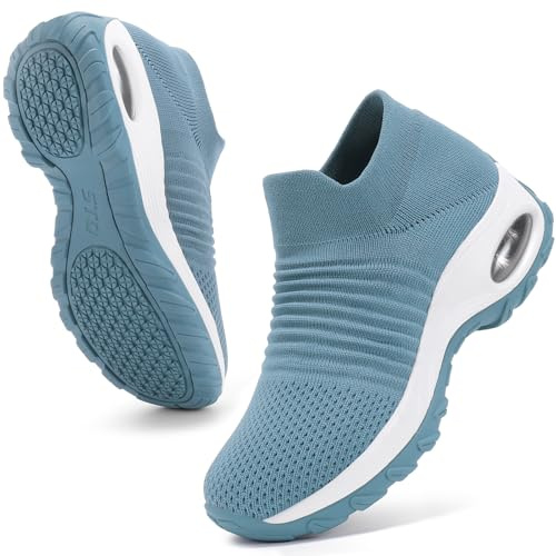 HKR Womens Slip on Trainers Comfortable Walking Shoes for Women Lightweight Ladies Work Shoe with Arch Support Haze Blue UK 5