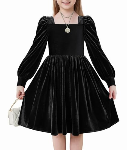 Arshiner Niñas Vestidos Terciopelo Invierno Elegante Festivo con Cuello Cuadrado Mangas de Linterna Casual Manga Larga Vestidos para Niños 10-11 Años Negro