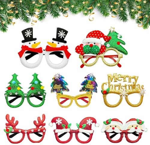 Axingqiwu 8 Stück Weihnachtsbrillen Set Accessoires Weihnachten Lustig Weihnachtsbrille 3D Weihnachts Brille Erwachsene Kinder