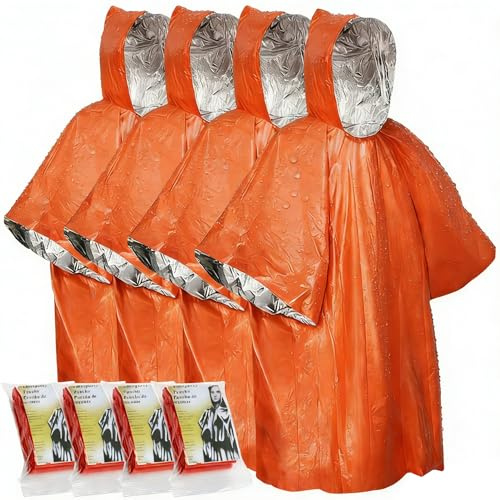 Wihozte Emergency Survival Poncho 4PCS Thermal Mylar Foil Coating Blanket, Foil Blanket Insulation Poncho for Outdoor Survival Family Car Events, 100×130cm Mylar Foil, windproof waterproof insulated