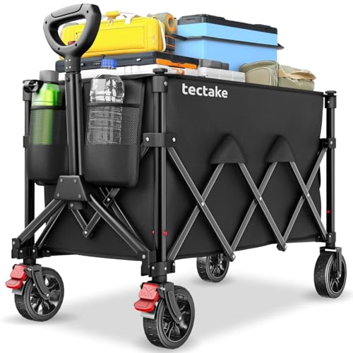 tectake® Carro Plegable de Mano con Ruedas Resistentes, Frenos y 3 Bolsillos, Carro Transporte con Mango Telescópico, Carretilla Plegable con Capacidad de Carga 80 kg, Carretilla de Mano - 120 L
