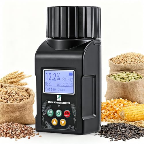 Huanyu Medidor de humedad de cereales para 40 tipos, ±0,5% precisión, medidor de humedad granos portátil con 14 idiomas incluido español, compensación de temperatura, para trigo, café verde y más