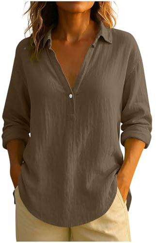 Cotton Linen Shirts for Women UK Long Sleeve V Neck T-Shirt Loose Fit Casual Tunic Tops Baggy Summer Tee Vintage Holiday Plain T Shirts Oversized Beach Boho Blouses Going Out Tops Brown