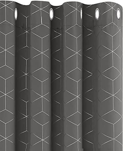 Deconovo Eyelet Blackout Curtains 52x84 Inch Drop, Diamond Silver Printed Curtains, Ring Top Thermal Insulated Door Curtains for Living Room, W52 x L84 Inch(Width x Length), Grey, One Pair