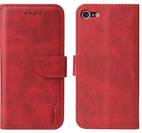 LOLFZ Hülle für iPhone 6 iPhone 6S, Premium PU Leder Handyhülle mit Kartenfach Ständer Magnetische Stoßfeste Schutzhülle für iPhone 6 iPhone 6S - Rot