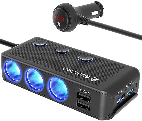 EUGIZMO Cigarette Lighter Plug Splitter, 3 Socket 200W Car Cigarette Lighter Adapter USB Charger Extension Cord Multi Port Power Plug 12V/24V Splitter with LED Voltage Display Independent Switches