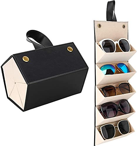 Sxspace Brillenorganizer Brillenaufbewahrung/Präsentation, Reisen Sonnenbrillen zur Aufbewahrung von 5 Brillen, Tragbar Brillenetui für Damen Herren (Schwarz-Beige), a1140, 11.94 x 16.51 12.7 cm