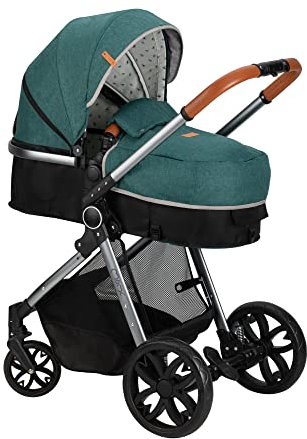 MoMi Kombi-Kinderwagen LIMURU 2-in-1 mit Buggy, regulierbarer 5-Punkt-Sicherheitsgurt, ab dem 6. Monat (bis 15 kg), Babywanne, Einkaufskorb, Matratze und Wickeltasche Grün