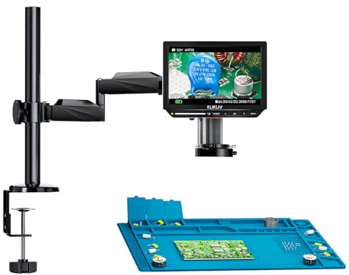 Elikliv EM4K Flex 4K Löt Digitalmikroskop 2000x, Flexibler Armständer, 10,1 HDMI Mikroskop mit Ringlicht, 52MP Ganzmünzenmikroskop, LCD Mikroskop für Erwachsene, Elektronikreparaturmatte, 64G