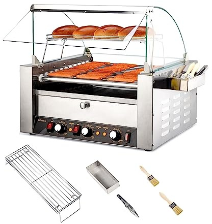 ROVSUN Hot Dog Roller, 30 Hot Dog 11 Rollers ETL Certified, Hot Dog Machine with Bun Warmer, Dual Temp Control, Glass Cover, LED, Side Storage Box, Shelf & Drip Tray for Home Commercial 2000W
