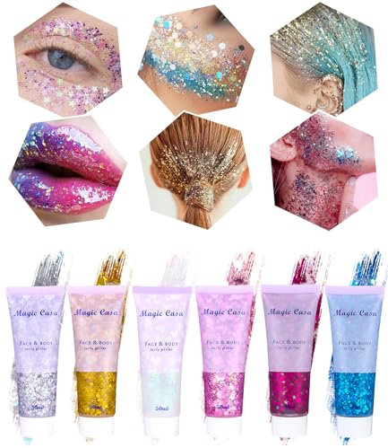 TIDEVAN 6 Piezas Gel Chunky Glitter Corporal para Maquillaje Festival - Purpurina Liquida para Cara, Pelo, Labios, Uñas (50ml)