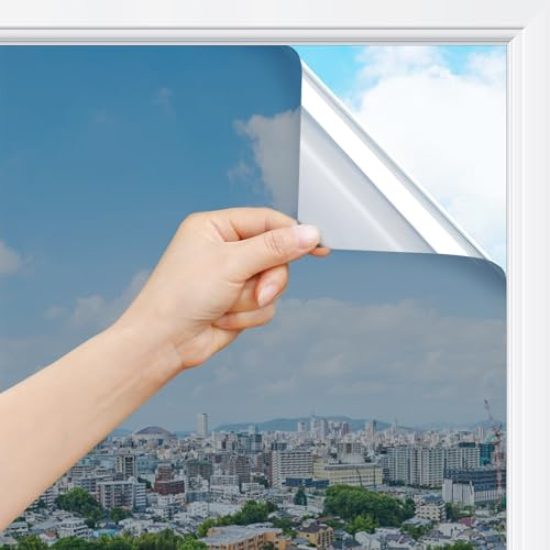 rabbitgoo Film Fenetre Anti Regard Miroir, Film Miroir pour Fenetre sans Tain, Brise Vue Vitre Adhesif Anti Chaleur Anti UV, Filtre Occultant Fenêtre Protection de Soleil, 90x400cm, Argenté