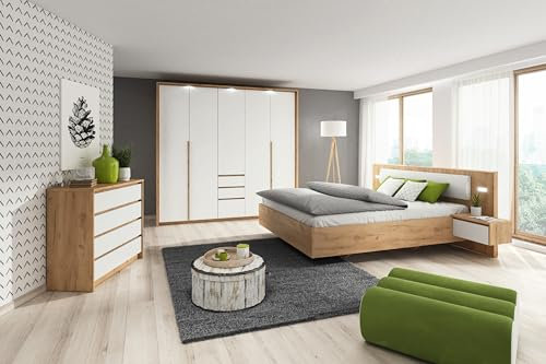 Camera da Letto Completa Bianca e Rovere Design Moderno con Armadio Ante Battenti Letto Matrimoniale e Cassettiera CDLLK10 + LED (camera + materasso)