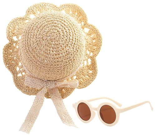Children's Off-White Straw Hat & Sunglasses Set with Cute Bow Decoration