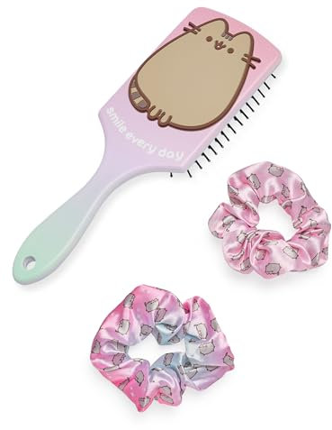 Pusheen Haarbürste und Haargummi-Set für Damen | Bommel- und Paddelbürste mit Allover-Print für Erwachsene und 3D-Katze | Mehrfarbige Entwirrungskissenbürste und Haarband