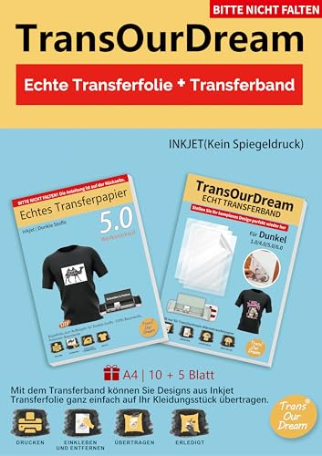 TransOurDream (10 fogli di pellicola di trasferimento scura 5.0 + 5 fogli di nastro di trasferimento) per magliette scure da stirare (D-Dark5.0 + nastro di trasferimento)