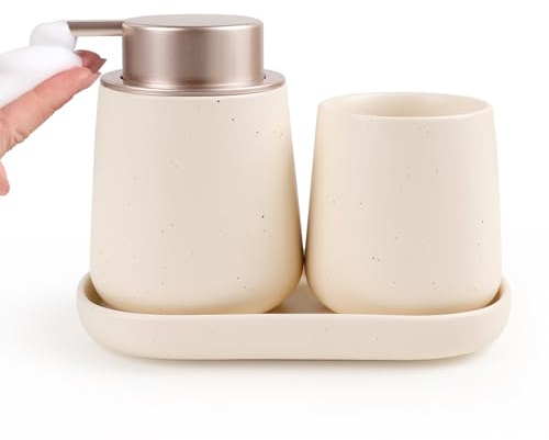 Umlaca Set Accessori Bagno 3 Pezzi in Ceramica – Dispenser Sapone 350 ml, Bicchiere 320 ml, Portasapone – Riutilizzabile, per Bagno, Lavandino (Rosso mandorla, Distributore di sapone in schiuma)