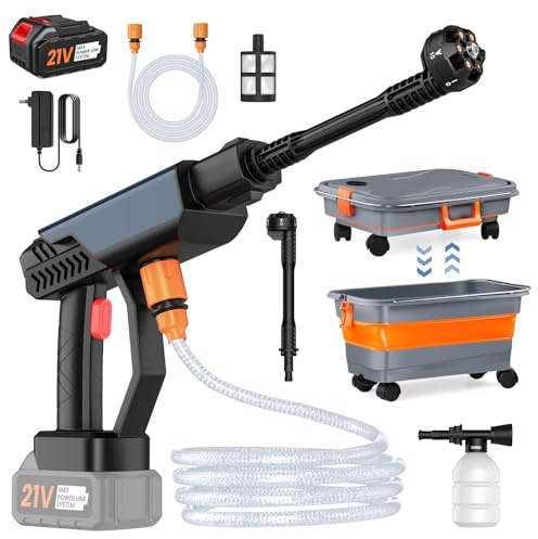 Hidrolimpiadora Bateria, 30 Bar Pistola de Agua a Presión con Cubo Plegable de 22L, 1 Batería de 3,0 Ah, Boquilla 6 en 1, Hidrolimpiadora Portátil para Coche y Jardín