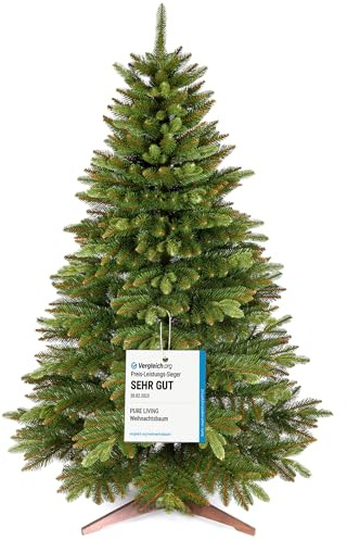 Premium Weihnachtsbaum künstlich 150cm - TESTSIEGER 10 Jahre GARANTIE - Naturgetreu, dichte Zweige, Künstlicher Weihnachtsbaum mit Holzständer, Christmas Tree Tannenbaum künstlich 150 cm Pure Living