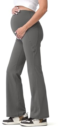 SUNNYBUY Dam sport gravidleggings ogenomskinliga yogabyxor för gravida kvinnor, bootcut, mammabyxor över magen, leggings med hög midja med fickor, GRÅ, L