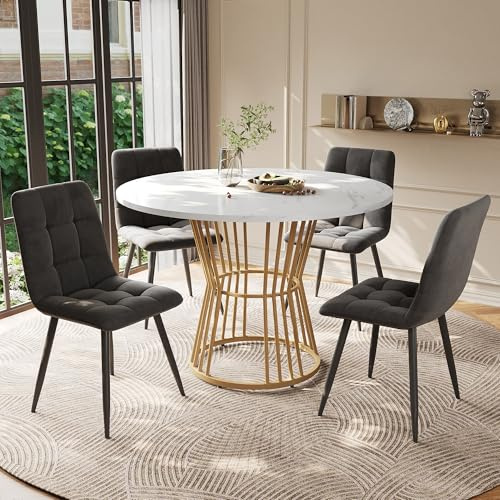 Rund matbord med 4 stolar (5 delar), snyggt kök- och matrumsset med robusta metallben, MDF-marmorbordsskiva, bekväma sammetstolar, perfekt för matgrupp