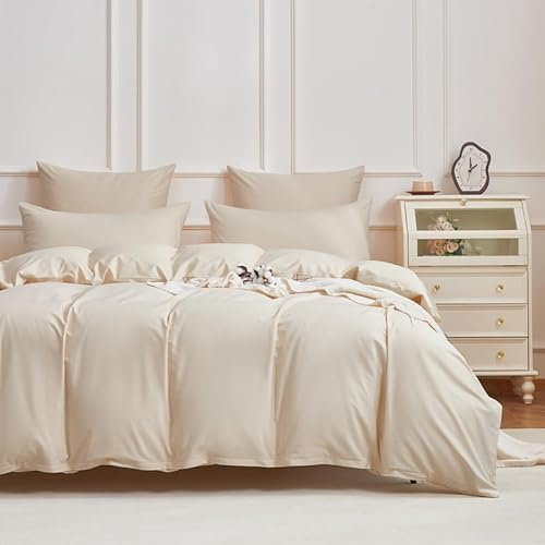 Gezu Housse de Couette 200x200cm Satin de Coton Beige 100% Coton Doux Respirant Brillant Parure de Lit Coton à Fibres Longues Linge de Lit avec Fermeture Éclair et 2 Taies d'oreiller 65x65cm