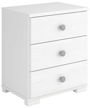 MOBLIT Mesita de Noche con Tres Cajones Realizada en Madera de Pino Macizo Salon y Dormitorio Serie Javea, Color Blanco Lavado, Medidas: (50,7x43.6x31.5) Cm (Alto x Ancho x Fondo) Robusta