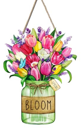 VARACL Decorazioni primaverili in legno, tulipani fiore primavera porta ghirlande per porta d'ingresso esterno portico finestra decorazione da appendere alla parete, fiore benvenuto corona floreale