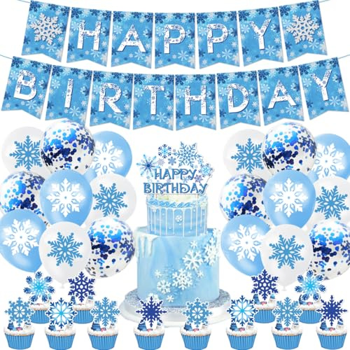 Fuwraixis Decoracione con globos de Copos de nieve, Set de decoración para fiesta de Frozen, Incluye Cumpleaños Banner, Adorno para tartas y Globo de látex(32 piezas)